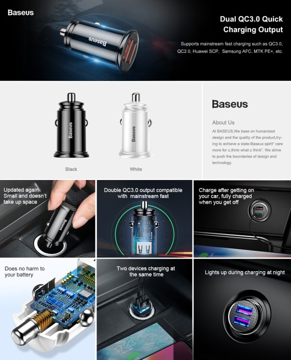Baseus Circular Plastic Series 30W Dual USB QC3.0 Quick Car Charger Black - Image 13