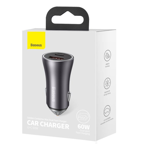 Baseus Golden Contactor Max Dual Fast Car Charger USB and Type-C 60W Black - Image 11